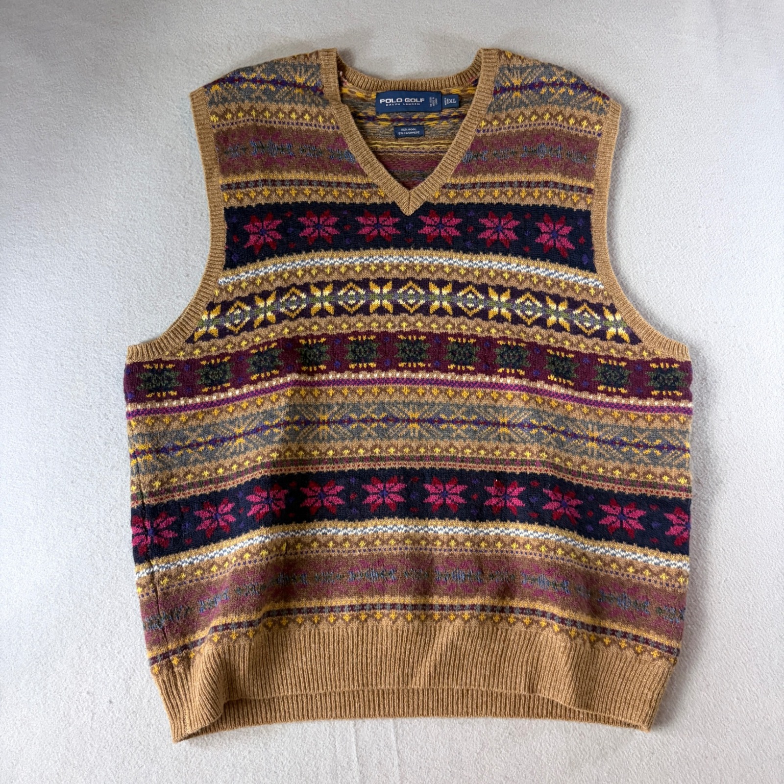 Polo Golf Ralph Lauren Mens Xl Fair Isle Sweater Vest Wool Cashmere Tan Multi
